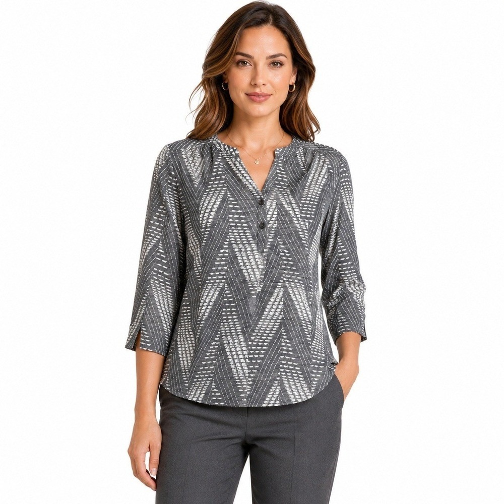 Fred David Blouse Womens L 3/4 Sleeve V Neck Grey White Office Professional